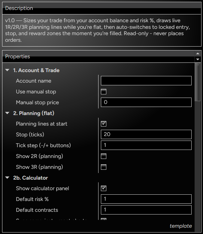 Indicator settings and description: planning, calculator and position options — read-only, never places orders
